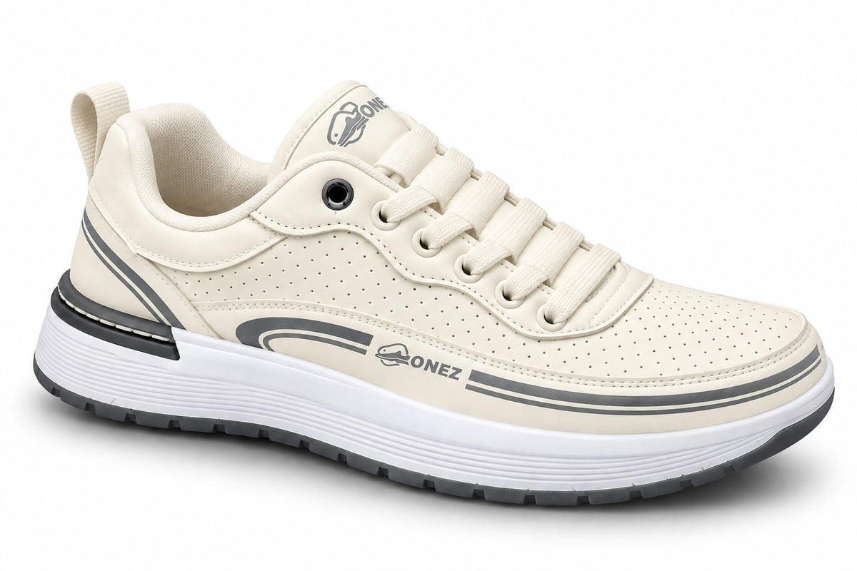 Men's Cream & Gray Lightweight Casual Sneakers – Cushioned Sports Shoes