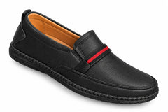 Men’s Black Slip-On Loafers with Red Stripe – Casual & Stylish Comfort Shoes