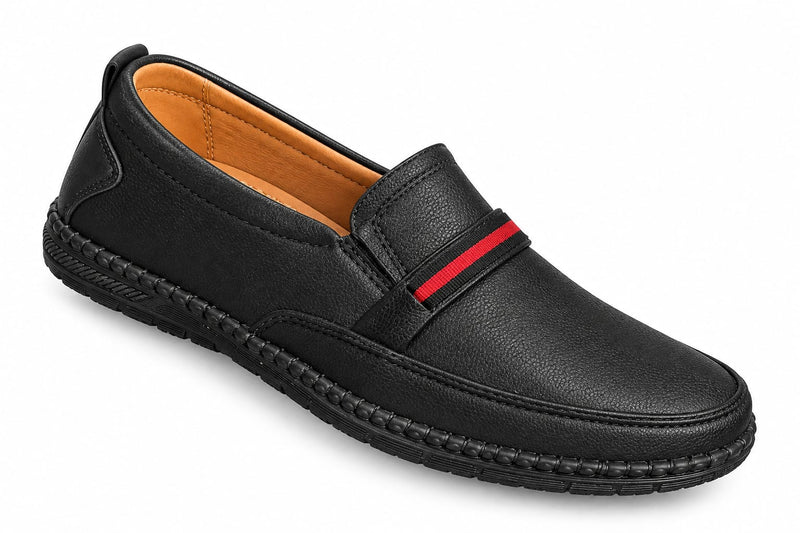 Men’s Black Slip-On Loafers with Red Stripe – Casual & Stylish Comfort Shoes