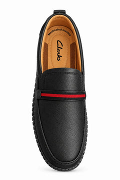 Men’s Black Slip-On Loafers with Red Stripe – Casual & Stylish Comfort Shoes