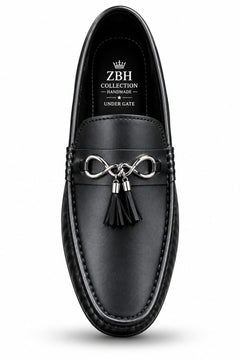 Men's Black Loafers – Elegant Slip-On Casual & Office Shoes with Metal Ornament and Tassel Detail