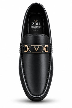 Men's Black Loafers – Elegant Slip-On Dress Shoes with Gold-Tone Metal Accent, Classic Design & Comfortable Fit