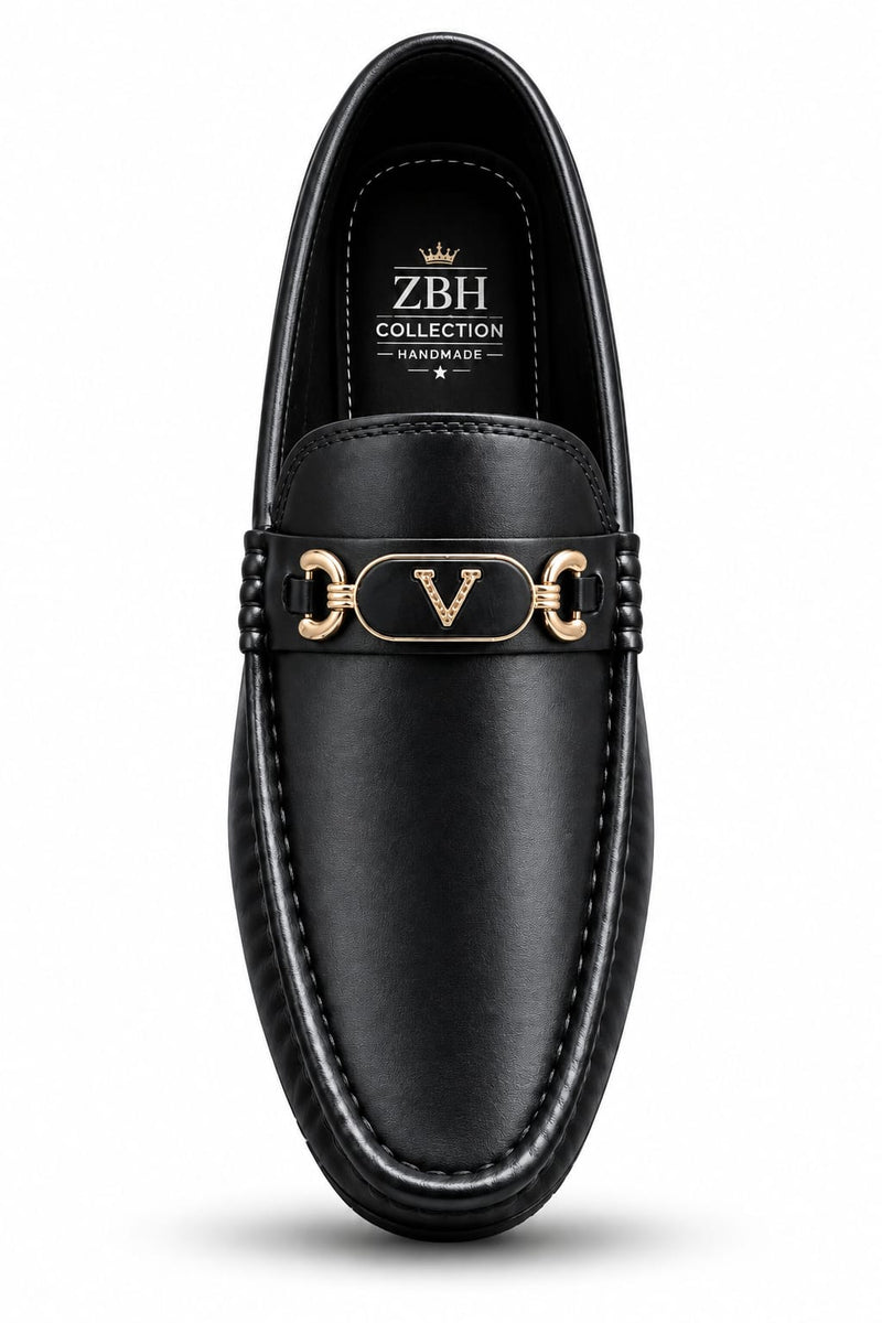 Men's Black Loafers – Elegant Slip-On Dress Shoes with Gold-Tone Metal Accent, Classic Design & Comfortable Fit