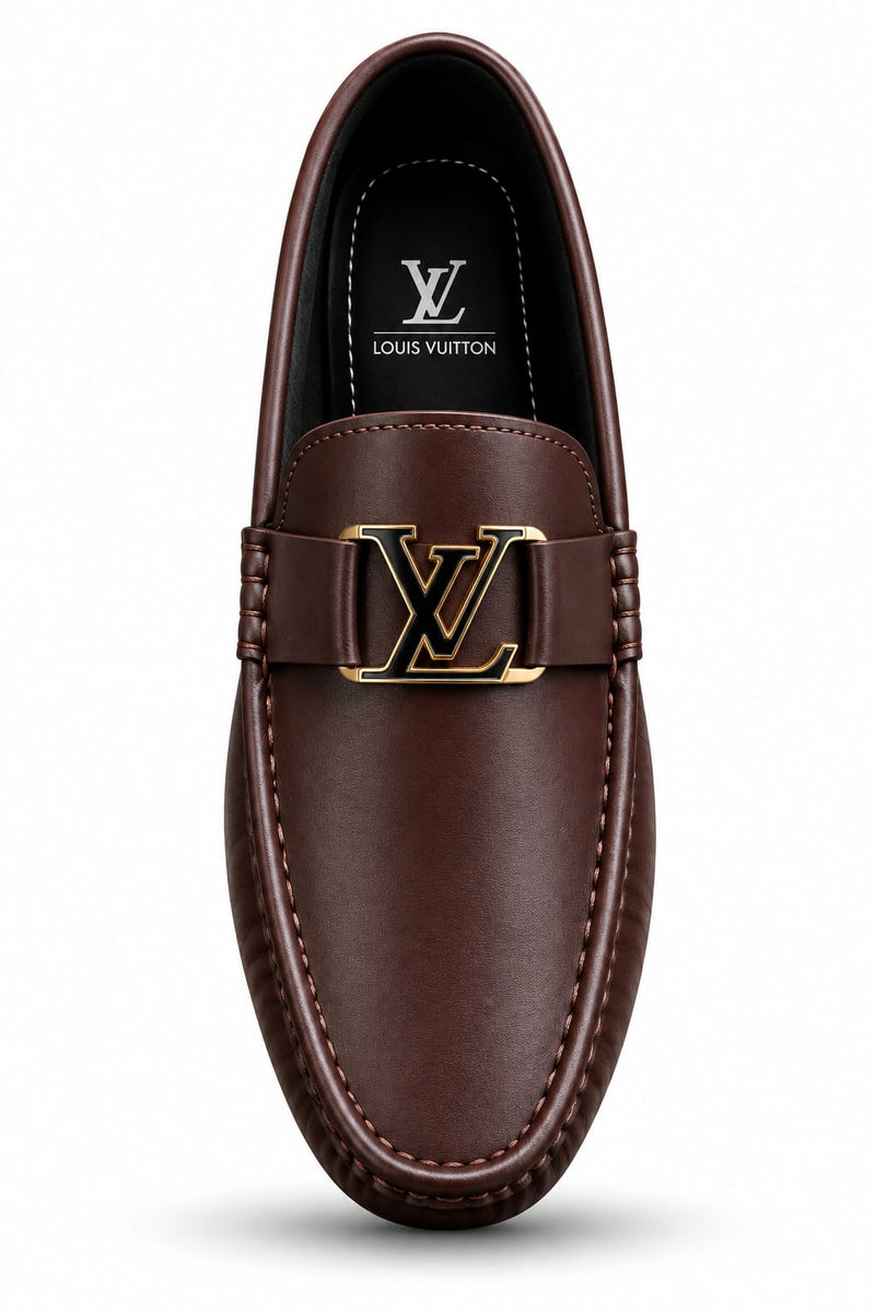 Men's Brown Luxury Loafers – Elegant Slip-On Dress Shoes with Gold-Tone Metal Accent, Classic Design & Comfortable Fit