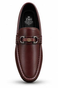 Men's Premium Brown Leather Loafers with Metallic Buckle – Stylish Formal & Casual Slip-On Shoes