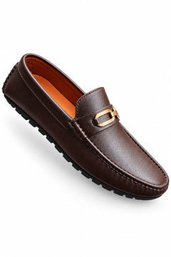 Men's Premium Brown Leather Loafers with Metallic Buckle – Stylish Slip-On Formal & Casual Shoes