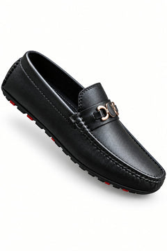 Men's Black Loafers – Elegant Slip-On Dress Shoes with Gold-Tone Metal Accent, Classic Design & Comfortable Fit