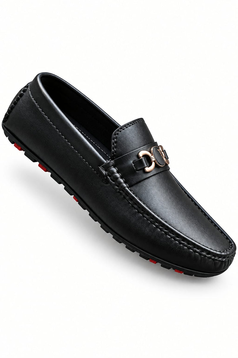 Men's Black Loafers – Elegant Slip-On Dress Shoes with Gold-Tone Metal Accent, Classic Design & Comfortable Fit
