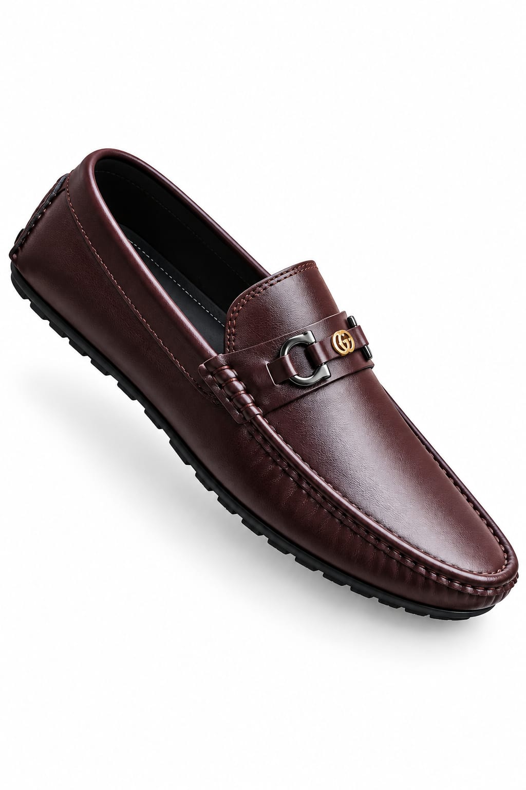 Men's Premium Brown Leather Loafers with Metallic Buckle – Stylish Formal & Casual Slip-On Shoes