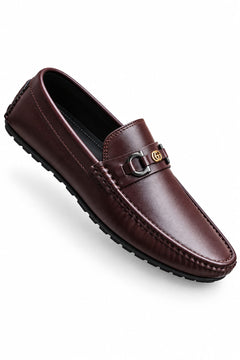 Men's Premium Brown Leather Loafers with Metallic Buckle – Stylish Formal & Casual Slip-On Shoes