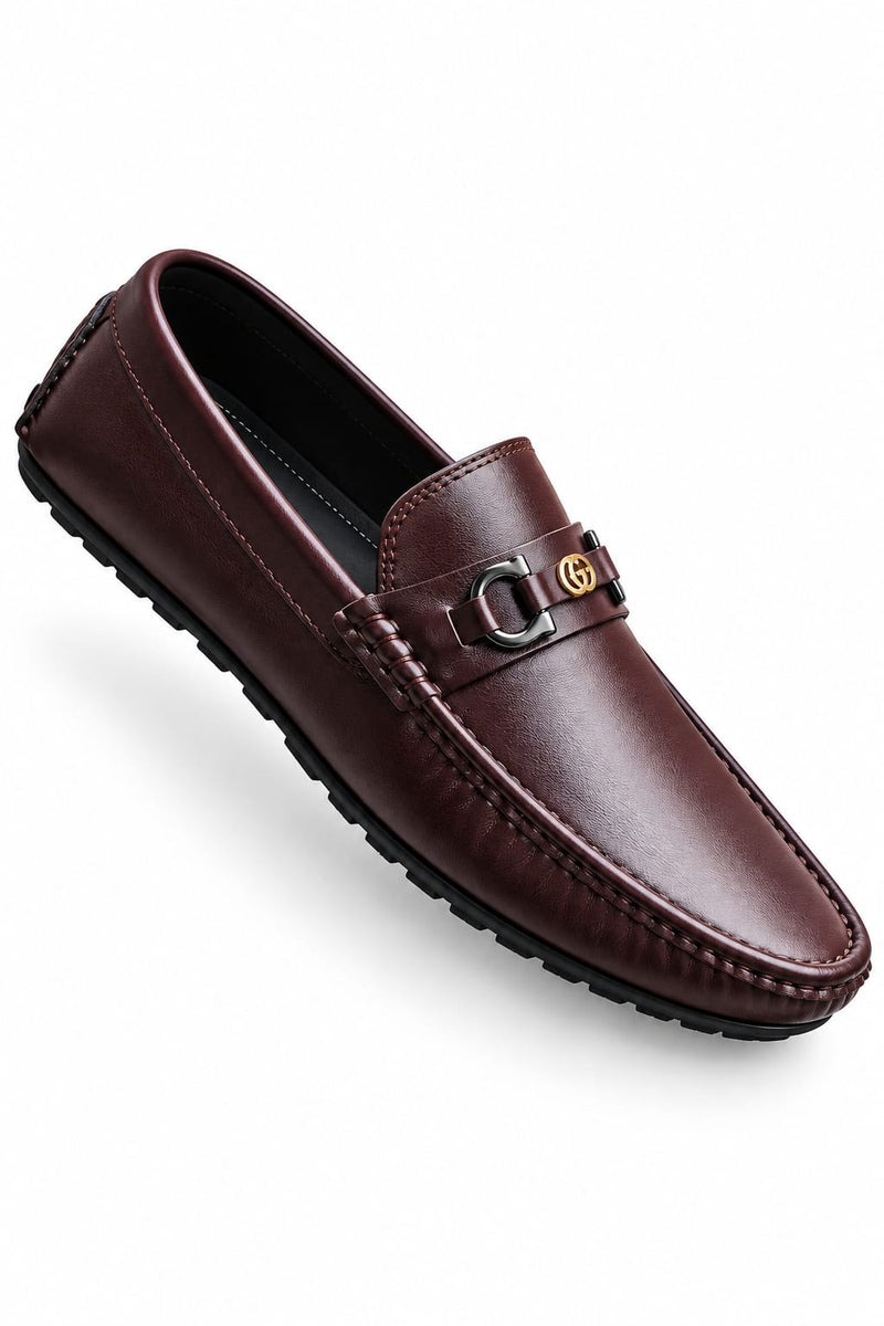 Men's Premium Brown Leather Loafers with Metallic Buckle – Stylish Formal & Casual Slip-On Shoes
