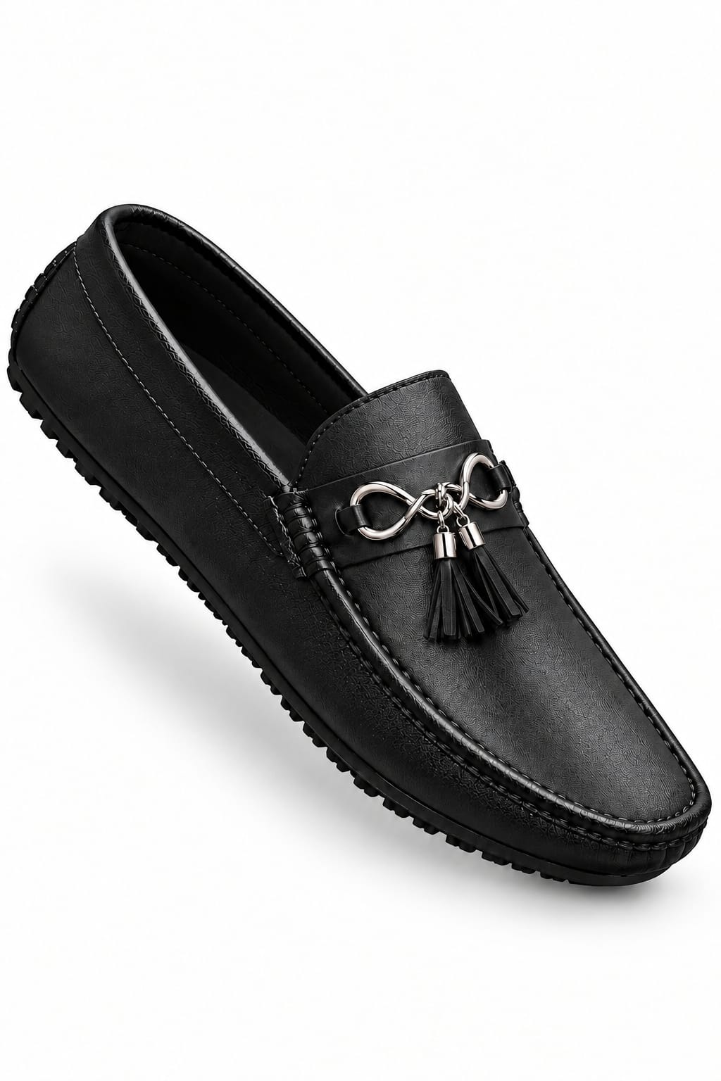 Men's Black Loafers – Elegant Slip-On Casual & Office Shoes with Metal Ornament and Tassel Detail