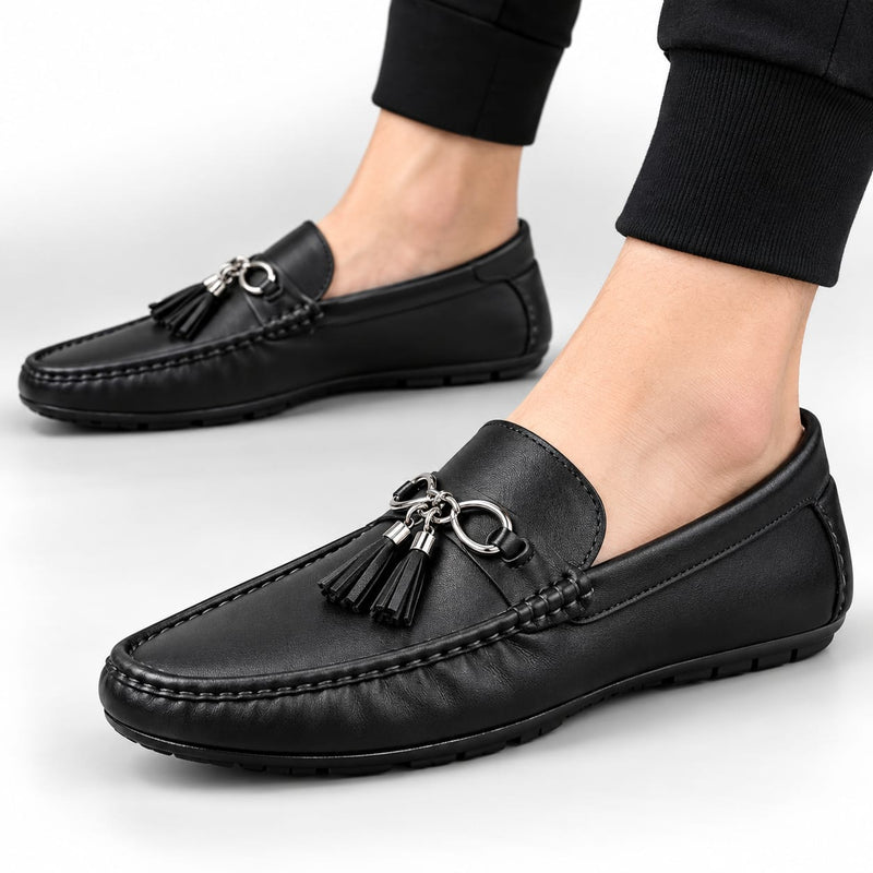 Men's Black Loafers – Elegant Slip-On Casual & Office Shoes with Metal Ornament and Tassel Detail