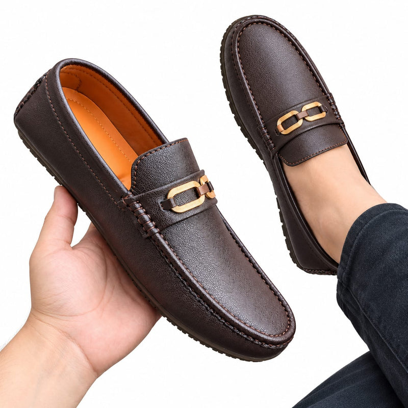 Men's Premium Brown Leather Loafers with Metallic Buckle – Stylish Slip-On Formal & Casual Shoes
