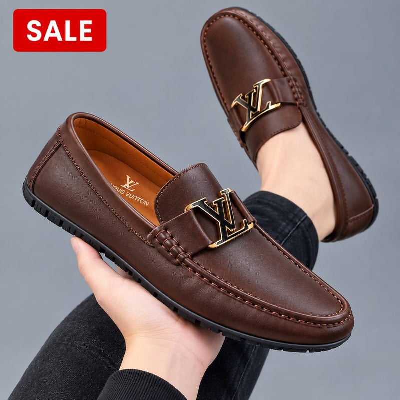 Men's Brown Luxury Loafers – Elegant Slip-On Dress Shoes with Gold-Tone Metal Accent, Classic Design & Comfortable Fit
