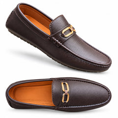 Men's Premium Brown Leather Loafers with Metallic Buckle – Stylish Slip-On Formal & Casual Shoes