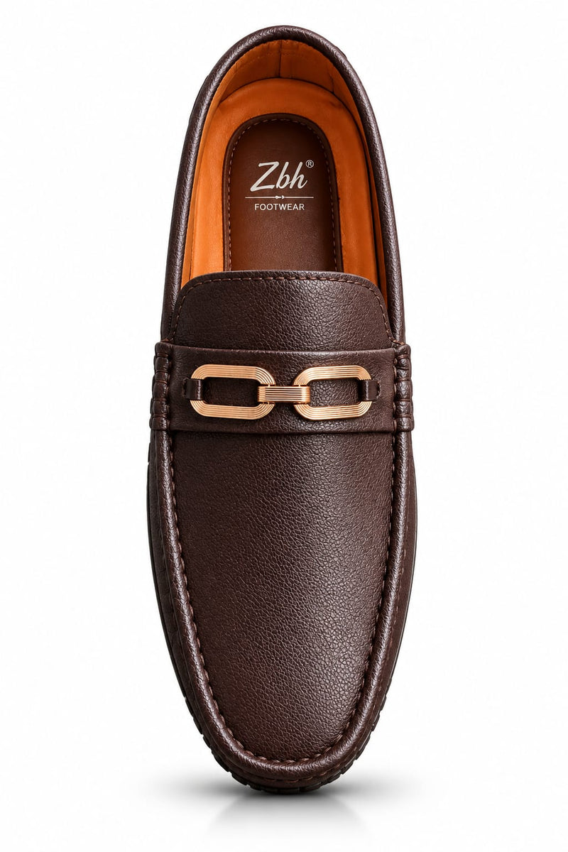 Men's Premium Brown Leather Loafers with Metallic Buckle – Stylish Slip-On Formal & Casual Shoes